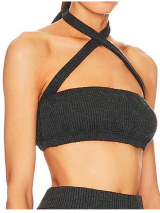 WeWoreWhat Tops - WeWoreWhat Ribbed Cross-Neck Bandeau Crop Top - Charcoal Gray